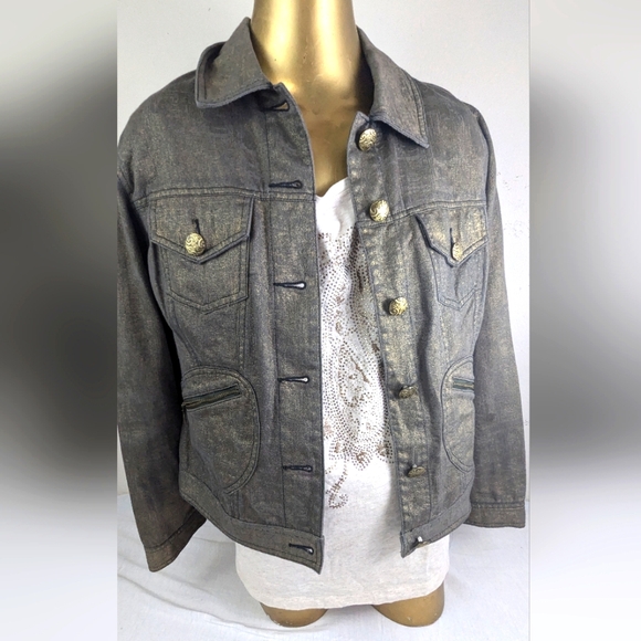 Chico's Shimmer Gold Stretchy Jean Jacket Size 1 (M/L).  Bag 5 - Picture 3 of 10